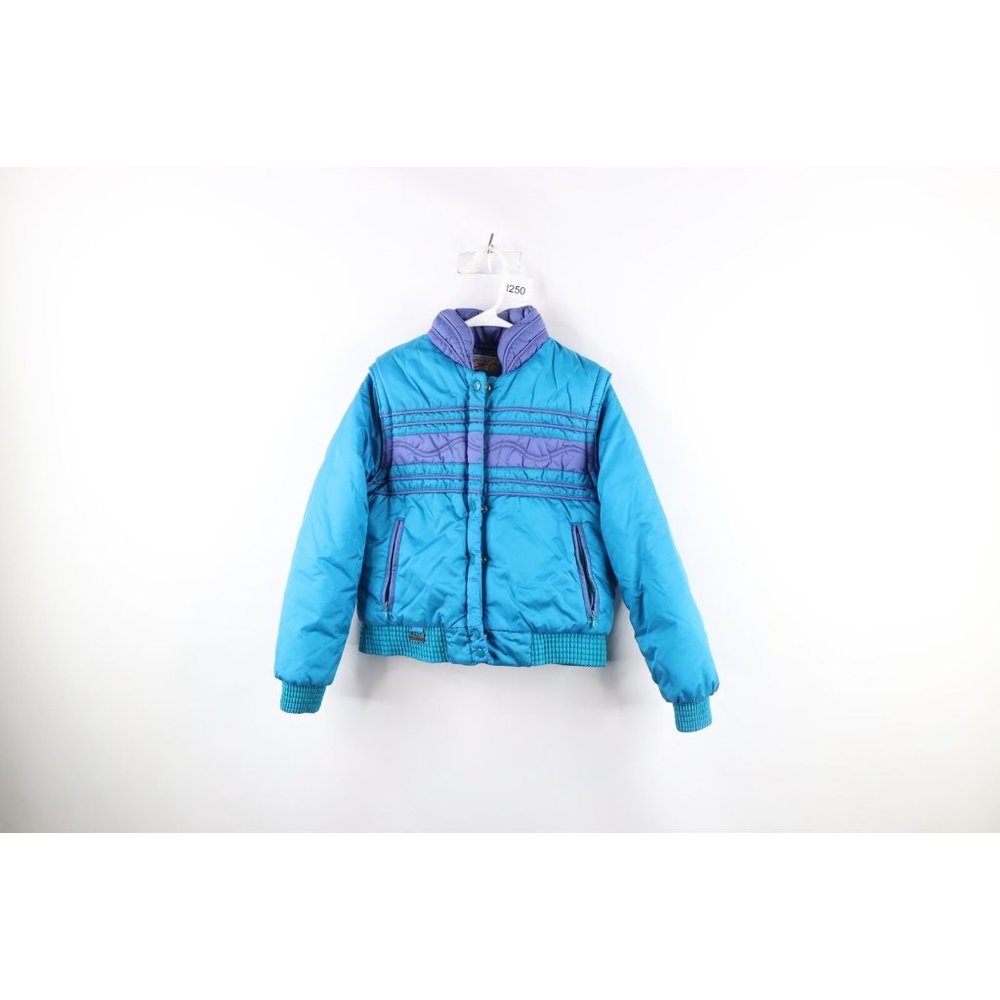 Vintage 80s Speedo Womens XS Color Block Zip Off Sleeves Puffer Jacket Vest Blue